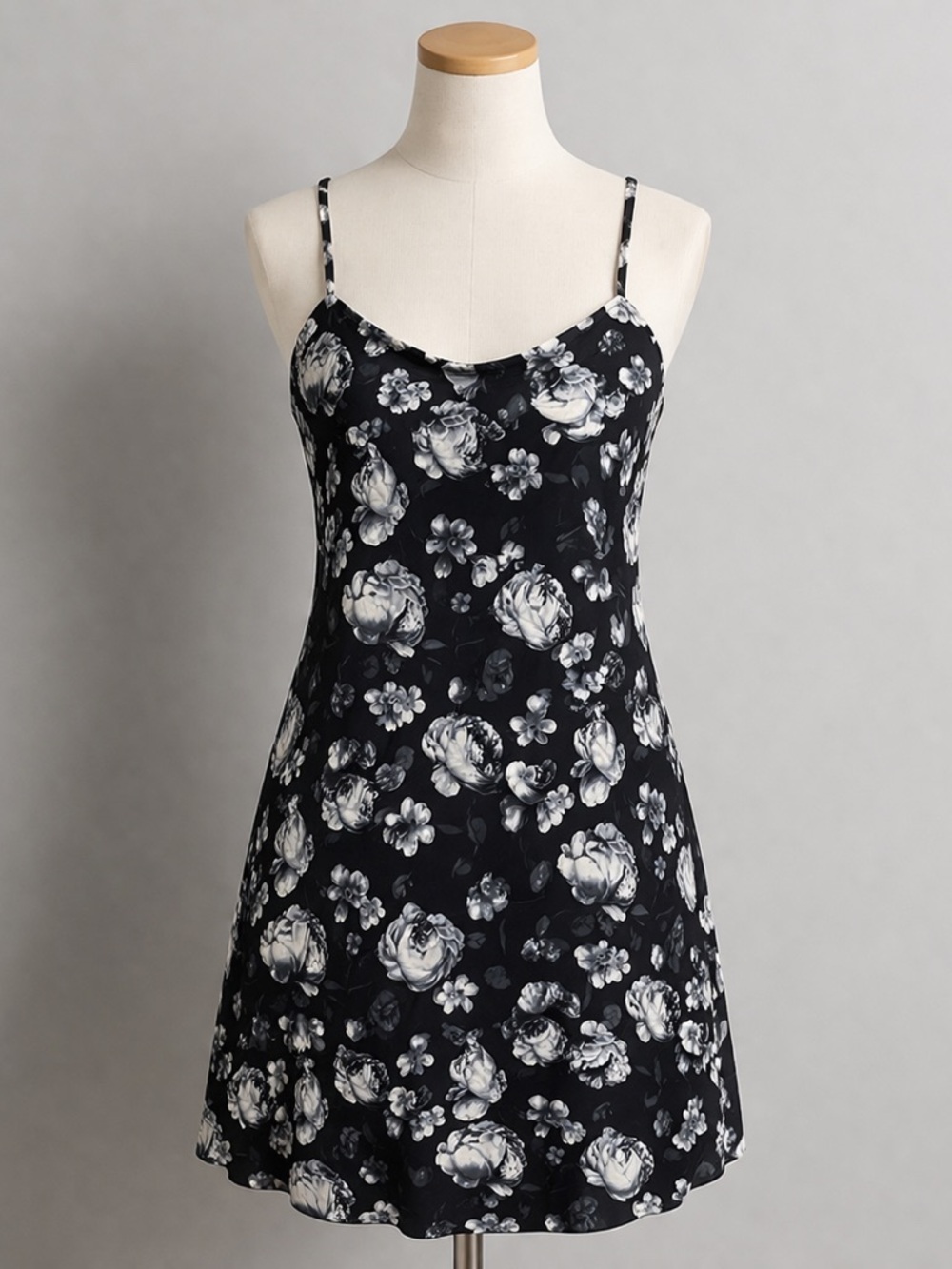 Black Floral Slip Dress White Rose Print Strappy A-Line Mini Dress Size S